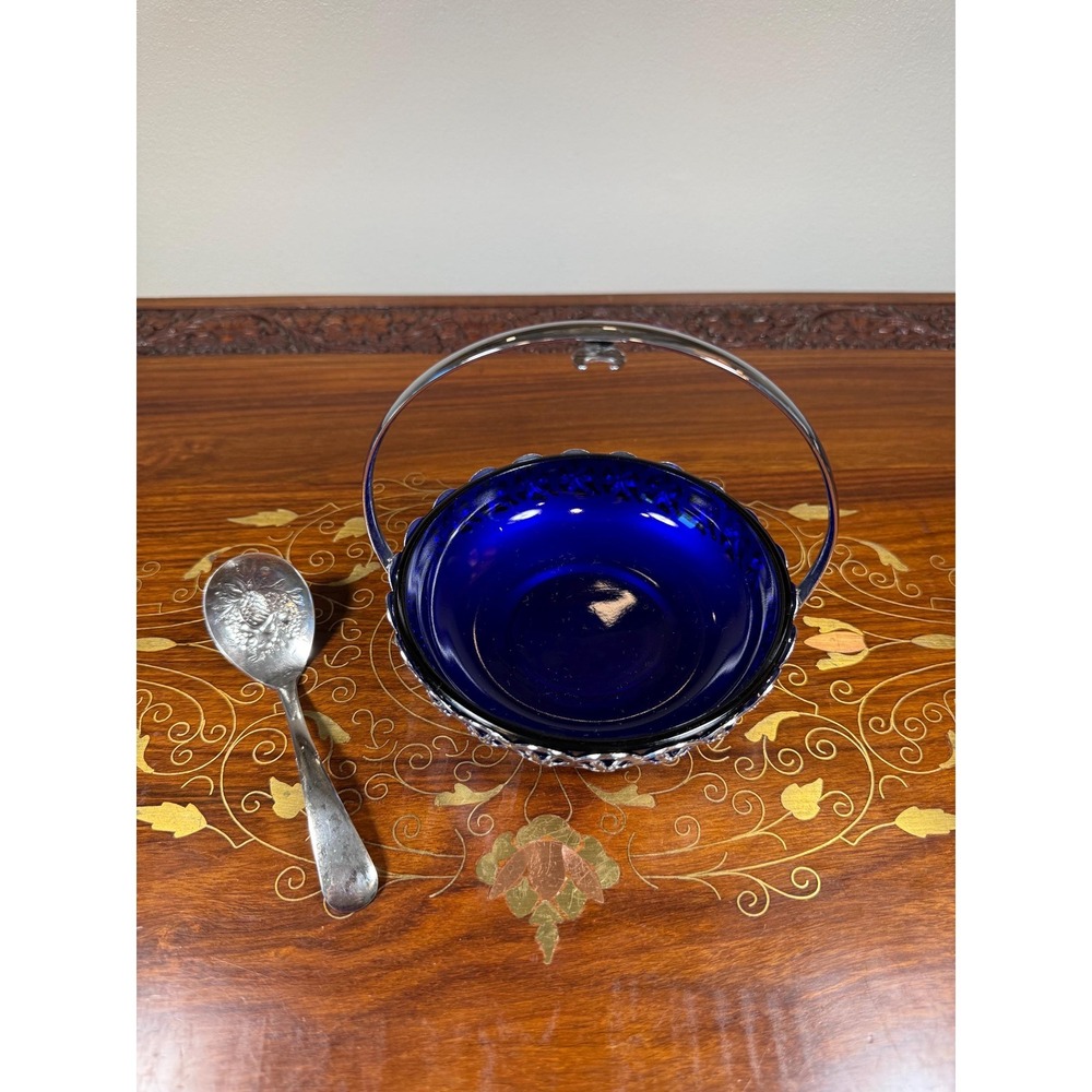 Vintage Cobalt Blue Jam Dish with Silver Plate Holder & Spoon - Picture 13 of 17